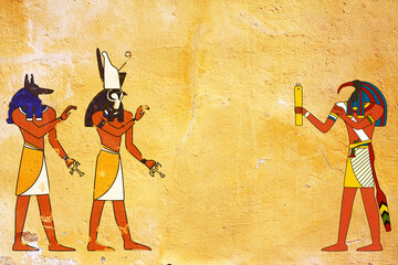 Grunge background with Egyptian gods images Anubis, Toth and Horus