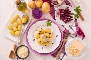 Potato gnocchi stuffed with radicchio and ricotta.
