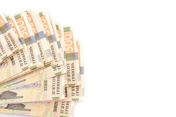500 hryvnia isolated on a white background. Copy space. Place for text. A lot of hryvnia.