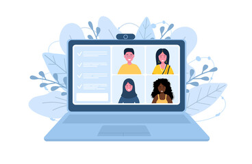Video call conference. Working from home. Social distancing. Business discussion. Vector illustration in flat style.