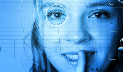 Security scan of the person and the identification by the retina of eye. the girl puts her finger to her lips, HUD scanner interface on the eye.