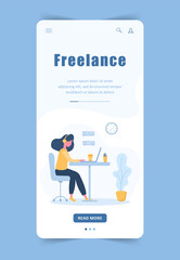 Woman freelance. Landing page template. Girl in headphones with a laptop sitting at a table. Mobile background. Concept illustration for studying, online education, work from home.