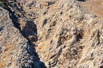 Texture of mountain rock with grass and leaves. crevices covered with vegetation. Greece, Islands