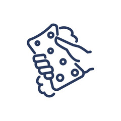 Hand holding sponge thin line icon. Wiping, washing, foam isolated outline sign. Cleaner, household, domestic service concept. Vector illustration symbol element for web design and apps