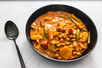 plant-based food, vegan chickpea curries with stir fry vegetables