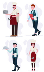 Restaurant staff set. Chef, cook, waiter flat illustration. Cooking, catering, kitchen, occupation concept for banner, website design or landing web page