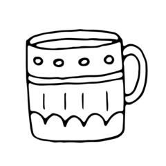 Vector illustration of cute mug. Black outlines isolated on white background. Doodle style. Design for greeting cards, gifts, wrapping paper, kitchen design, cafe restaurant or bar design etc.