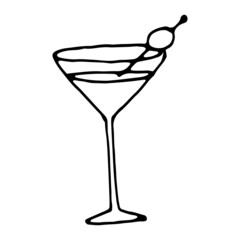 Hand drawn vector martini cocktail with olive. Doodle style illustration. Clipart element for bar or cafe menu design, wrapping paper, scrapbooking, printed materials.
