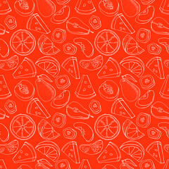 Fruit seamless pattern on  bright orange background. Peach, pear, watermelon, orange, banana, apple. Line art. Stock illustration. Design for wallpaper, fabric, textile, packaging.