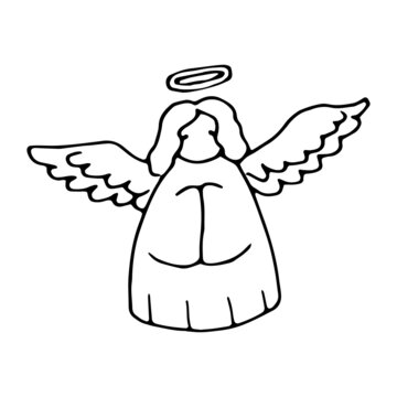 Cute cartoon hand drawn vector doodle illustration of angel figure. Black outlines Isolated on white background. Cute decorative christmas, easter element for design, printed materials.