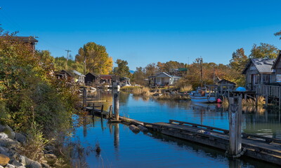 Finn Slough Panorama. The historic fishing settlement of Finn Slough on the banks of the Fraser River in Richmond, British Columbia, Canada