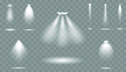 Scene illumination collection, transparent effects. Bright lighting with spotlights. Vector illustration