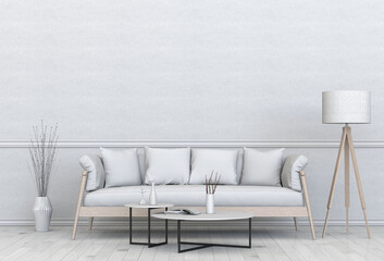 Living room interior in modern style, 3d render with sofa and decorations.