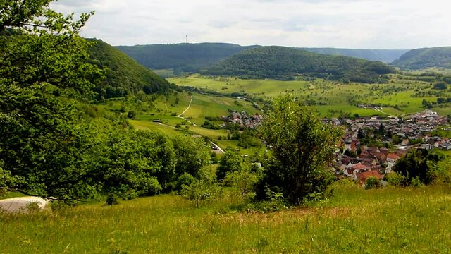 Panoramic view to the Swabian Alb mountains in Germany with village Reichenbach