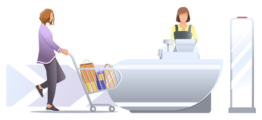 Shopping in store. Woman customer with trolley and paper bag in it, stand near cashier desk with female cashier. Shoplifting security with anti-theft sensor. Vector, illustration isolated on white.