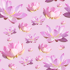 Pink Lotus Flower. Floral Botanical Flower. Seamless Background Pattern. On White