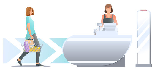 Shopping in store. Woman customer with shopping cart, stand near cashier desk with female cashier. Shoplifting Security system with anti-theft sensor. Vector, illustration isolated on white background