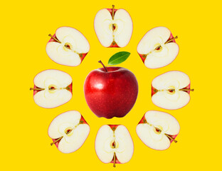 Seamless pattern of fresh red apples on a yellow isolated background, bright shiny apple repeating ornament, concept of natural healthy food diet, colorful summer wallpaper, ideal photo for advertisem