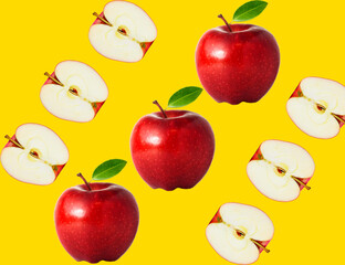 Seamless pattern of fresh red apples on a yellow isolated background, bright shiny apple repeating ornament, concept of natural healthy food diet, colorful summer wallpaper, ideal photo for advertisem