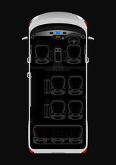 Passenger van layout vector illustration. Passenger transport. Commuter van top view. Seating layout of a mini bus. 10 seat vehicle. Right hand drive van. Passenger vehicle interior seating layout. © Tropical Shapes