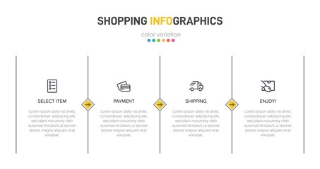 Concept of shopping process with 4 successive steps. Four colorful graphic elements. Timeline design for brochure, presentation, web site. Infographic design layout.