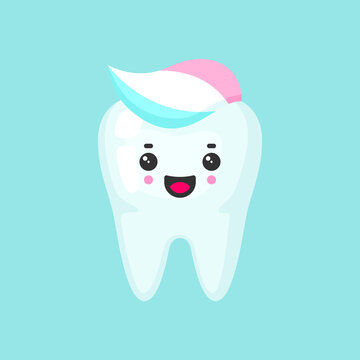 Clean tooth with a toothpaste with emotional face, cute colorful vector icon illustration. Cartoon flat isolated image