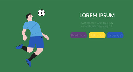 Fototapeta premium Banner football player in the jump hits the ball. Site cover with active buttons for the site.