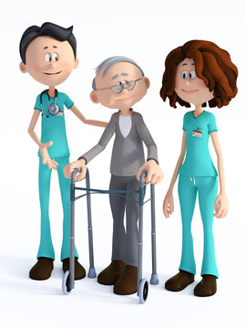 3D rendering of cartoon doctor and nurse helping old man with walker.