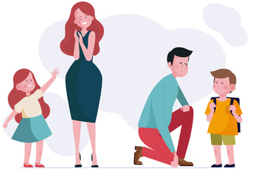Parents spending time with kids set. Laughing mother and daughter, father giving support to son flat illustration. Parenthood, family concept for banner, website design or landing web page