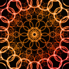 Abstract fractal background with a mandala made of luminous ring on a dark background.