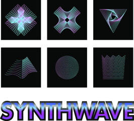 Synth wave grid shapes. Retro geometric neon line vector illustrations. Cosmic pink and blue abstract waves and meshes.