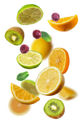 Falling fresh mixed citruses. Slices of the lemon, kiwi, cherry and orange the air