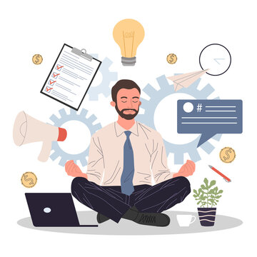 Business man meditating and relaxing in lotus position illustration. Office man practicing stress relief at workplace. Employee practicing mindfulness meditation and yoga in noisy office
