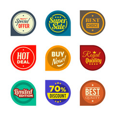 Fototapeta na wymiar Sale round stickers set. Special offer, buy now, hot deal, limited edition letterings. Flat vector illustrations for labels and badges design, guarantee and premium quality concept