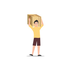 Cartoon character illustration of young man courier delivery standing carry the box. Flat design isolated on white background.