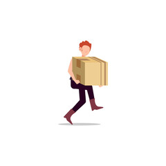 Cartoon character illustration of young man courier delivery running carry the box. Flat design isolated on white background.