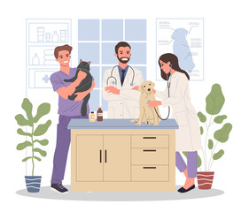 Veterinary office illustration. Happy friendly pets doctors examining cat and dog. Veterinarian specialists in clinic interior for domestic animals concept