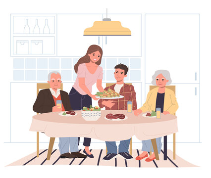 Family dinner at home. Young and senior couple eating together at dining table flat illustration. Generation, holiday, parents concept for banner, website design or landing web page