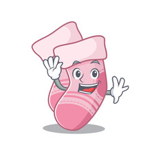 A charming baby socks mascot design style smiling and waving hand