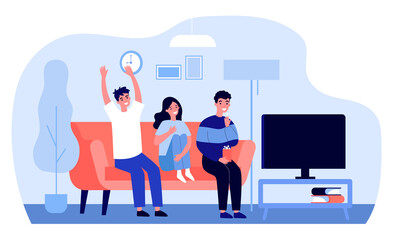 Cheerful friends watching TV. Football fans, match, interior flat vector illustration. TV show, leisure, friendship concept for banner, website design or landing web page