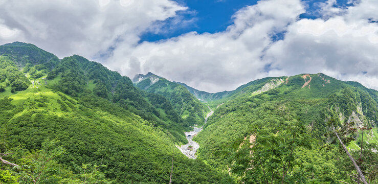 Panorama green and natural mountain view and cloudy blue sky at Kamikochi national park, Matsumoto, Nakano Japan