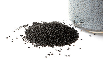 Lemon basil seeds  on white background.