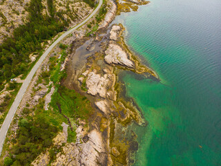 Naklejka na ściany i meble Aerial view. Road along fjord, Norway