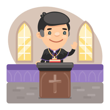 Cartoon catholic priest with bible preaching at church. Holy father in robe. Composition with a professional man. Flat male character.