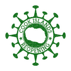 Cook Islands reopening stamp. Green round badge of island with map of Cook Islands. Island opening after lockdown. Vector illustration.