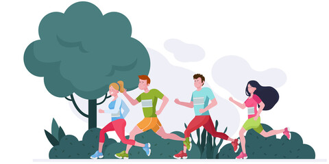 Active people running marathon. Athlete team jogging in park flat illustration. Activity, lifestyle, morning, competition concept for banner, website design or landing web page