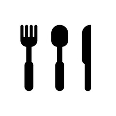 Black simple knife, fork and spoon icon. Cutlery, restaurant symbol isolated on white. Vector illustration