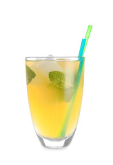 Glass of fresh lemonade on white background