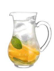 Jug of fresh lemonade on white background