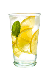 Glass of fresh lemonade on white background